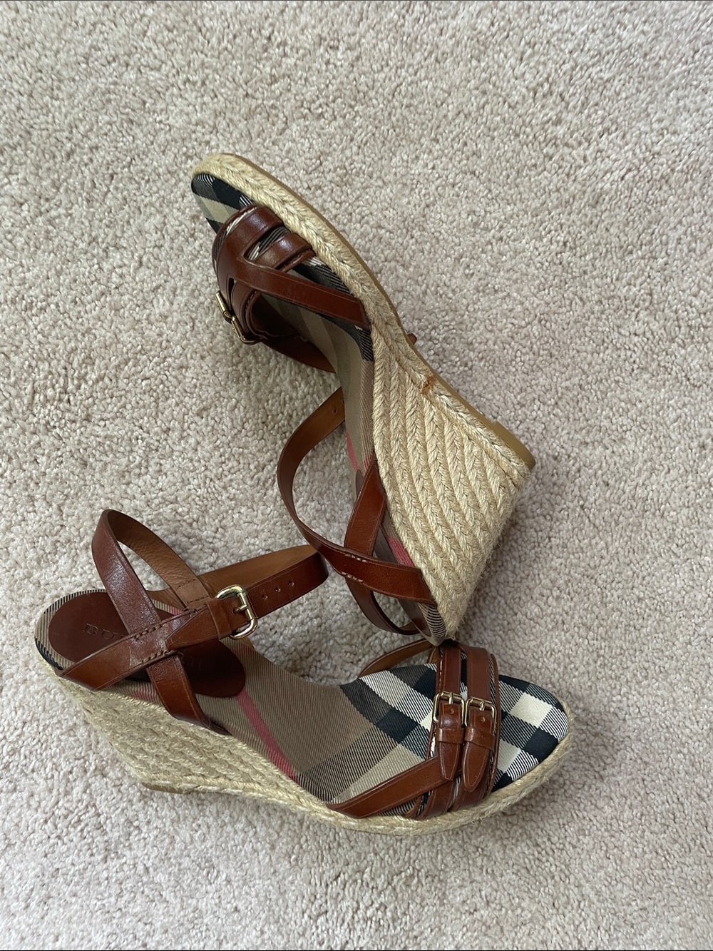 Burberry Brown Leather & Beige Check Espadrille Wedge Sandals - Picture 14 of 16